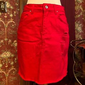 Pretty Little Thing Red Denim Distressed Skirt